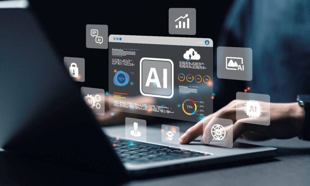 A laptop user interacts with AI-driven dashboards and icons floating around AI Features Without Coding