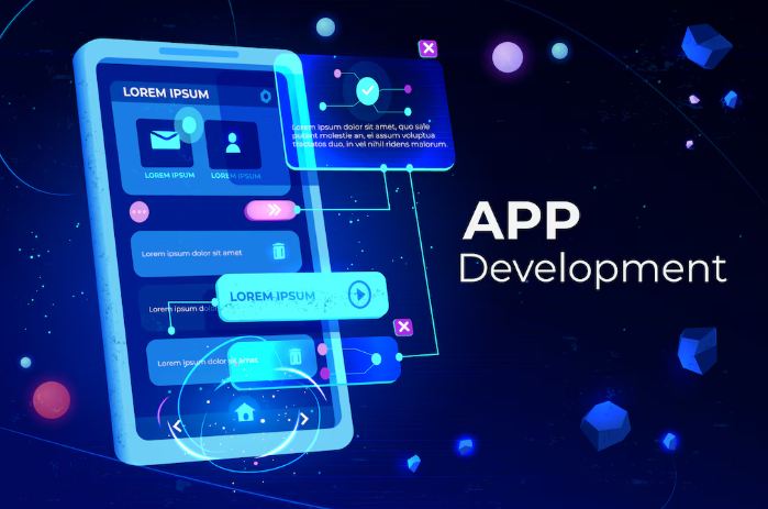 A digital illustration showing mobile app interface design with "App Development" text.