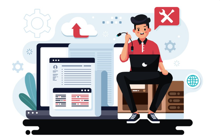 Illustration of a developer managing software and system tools.