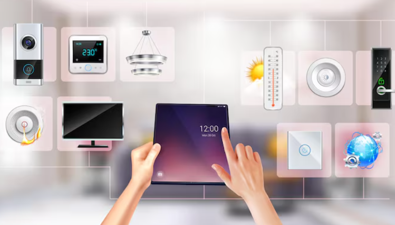 Hands operating a tablet to manage multiple smart home devices.
