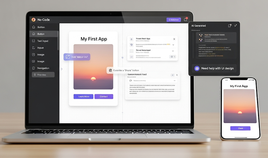 No-code app development interface displayed