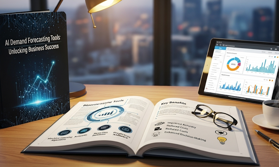 Business tools and analytics on desk and AI Demand Forecasting Tools
