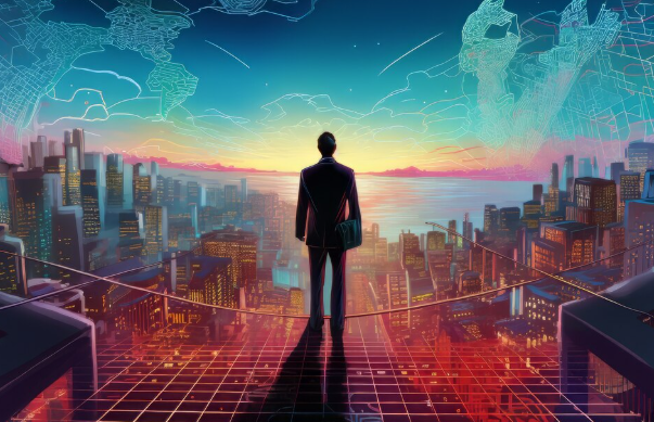Businessman overlooking vibrant cityscape sunset