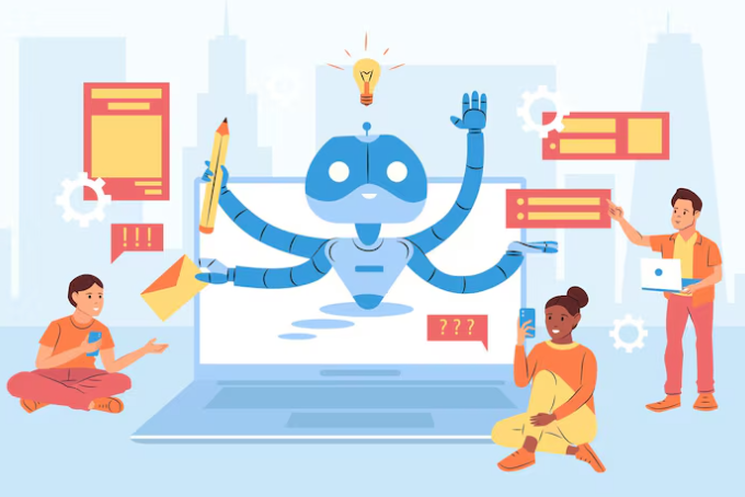 People interacting with a robot illustration.