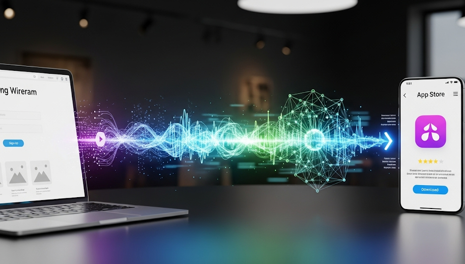 Digital connection between devices illustrated and AI-Powered Journey of Building Applications from a Landing Page