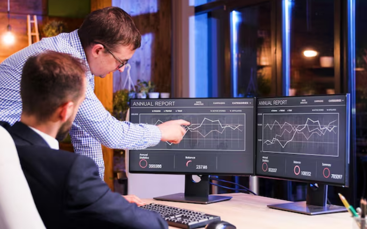 Business meeting with data analysis
