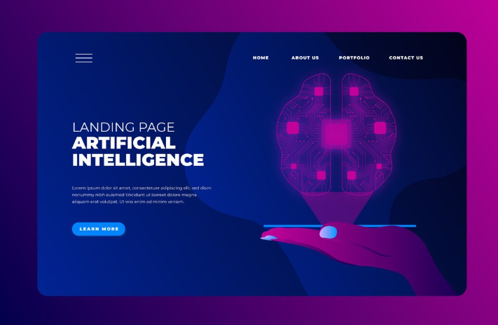 Artificial intelligence landing page design with digital brain illustration
