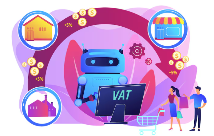 Robot managing VAT system with businesses, houses, and shopping