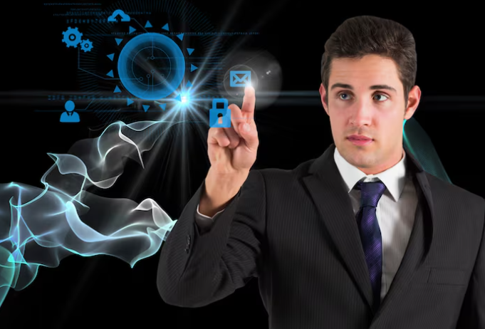 Businessman interacting with digital interface and futuristic icons