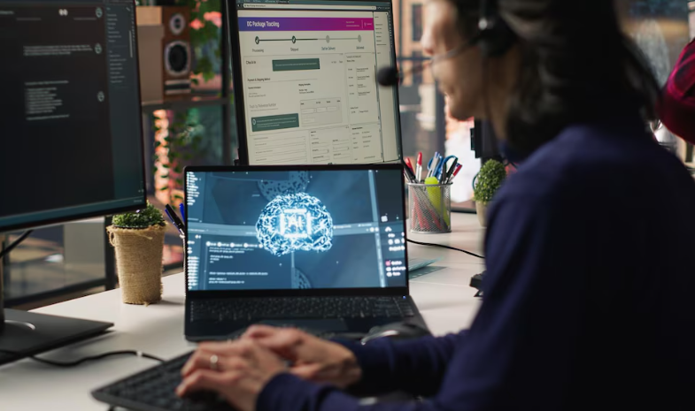 Developer analyzing artificial intelligence system in modern office