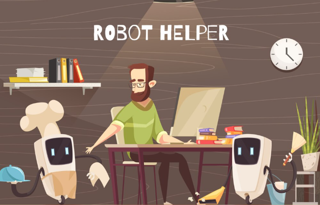 Man working with robot assistants.