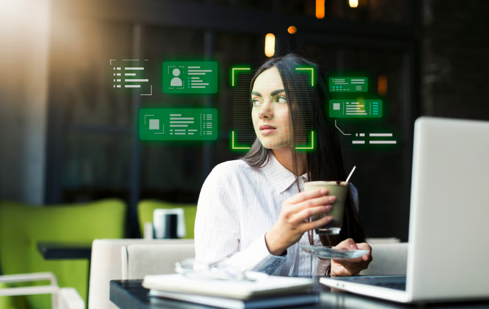 AI biometric identification system analyzing person with digital overlay