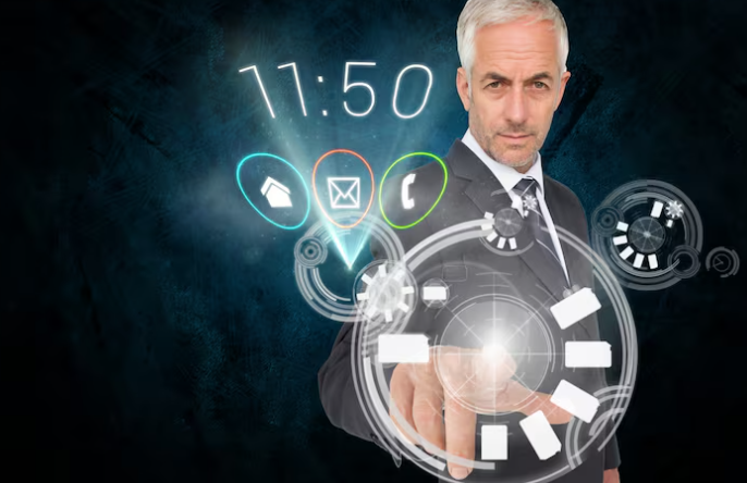 Man in suit controlling digital screen with virtual tools