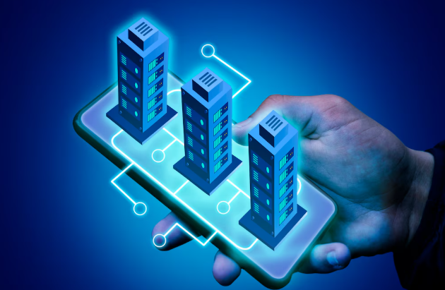 Hand holding smartphone with buildings