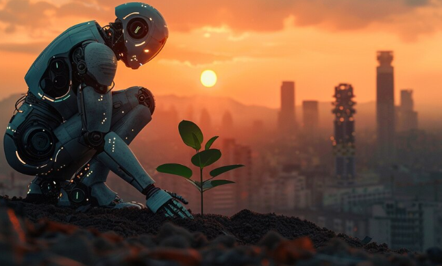 Robot nurturing plant at sunset.