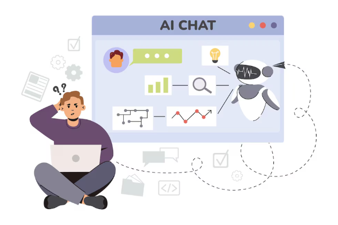 AI robot helping person analyze information through chat interface