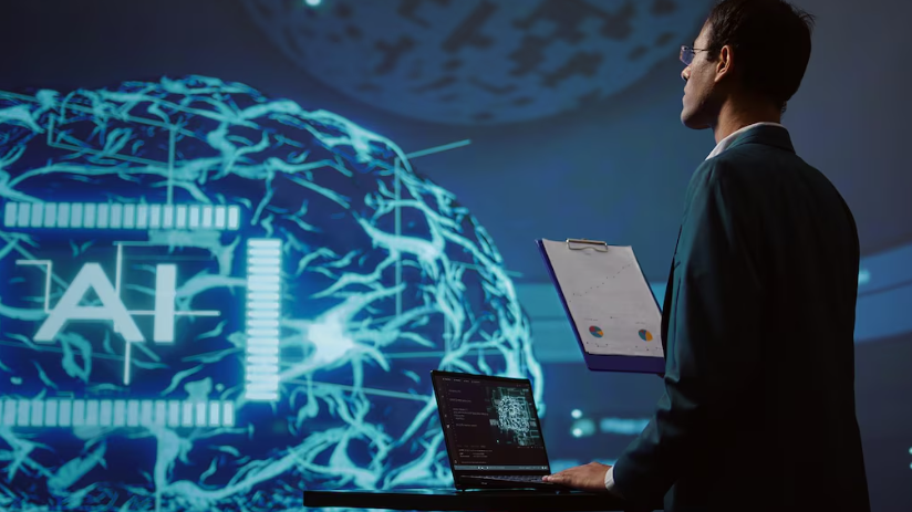 Business professional studying AI brain projection for research