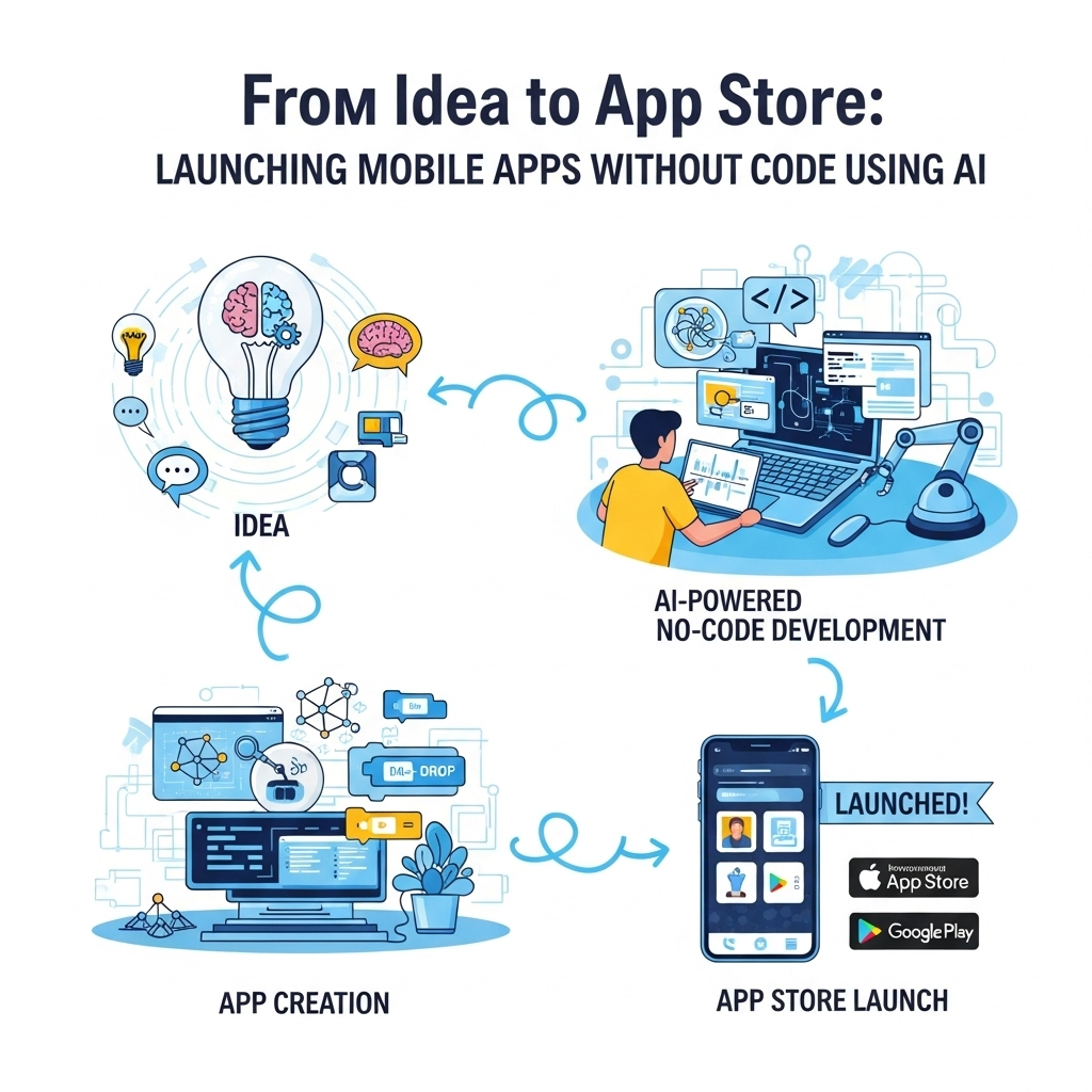an infographics image for launching mobile apps without code using ai
