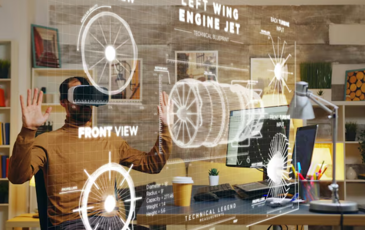 Engineer using virtual reality to design aircraft engine blueprint
