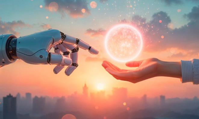 Robot and human hand exchanging light against sunset sky