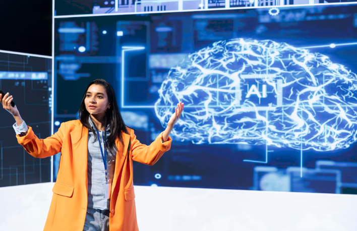 Businesswoman giving AI presentation with futuristic background