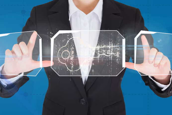 Businessperson in suit interacting with digital key hologram