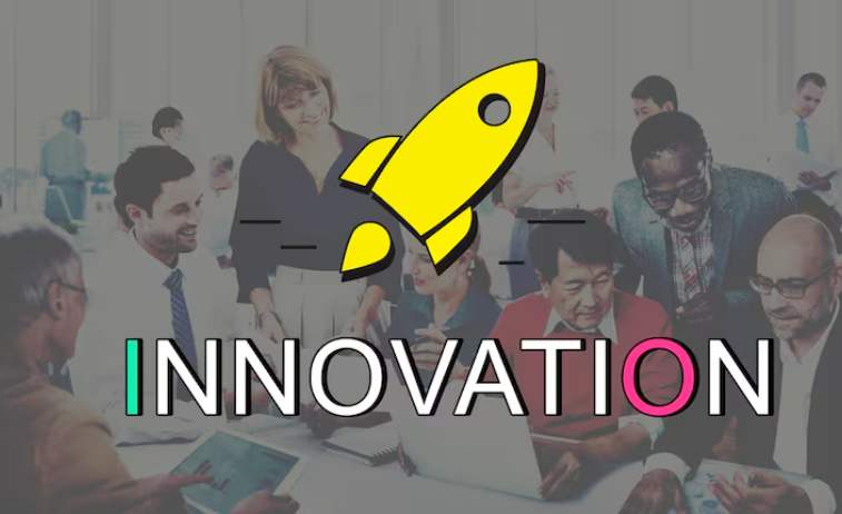 Business team collaborating with innovation concept and rocket icon