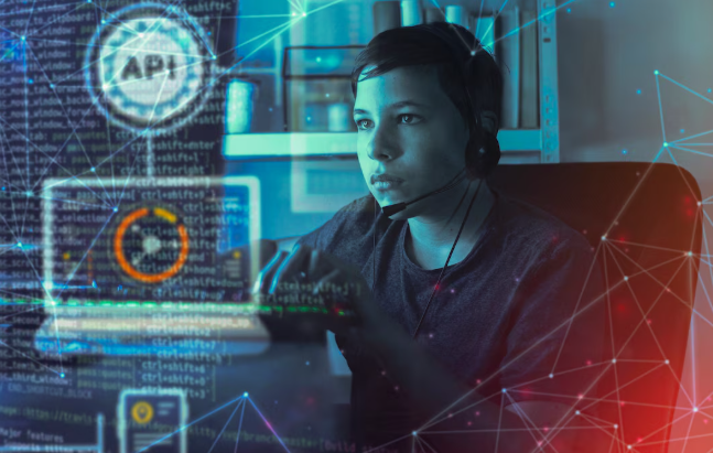 Man using digital tablet with futuristic financial apps.