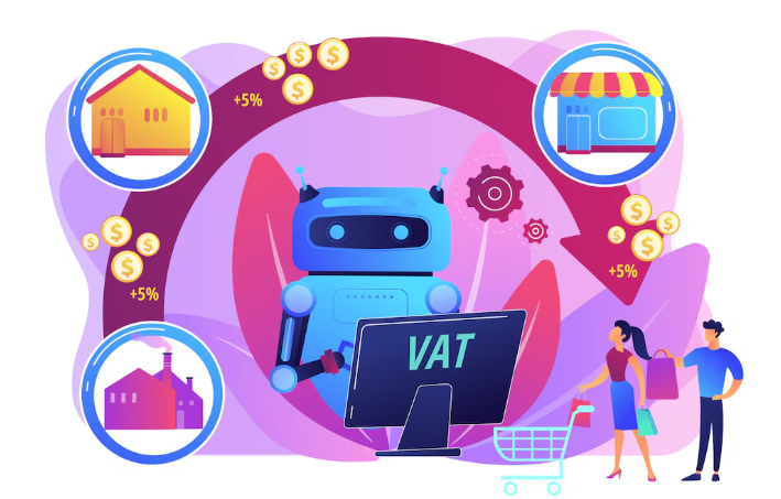 Robot managing VAT calculation for businesses and consumers.