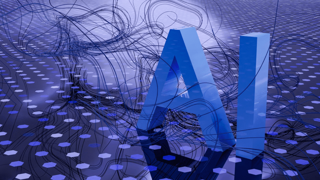 Alt text: Blue AI letters with abstract digital network design.