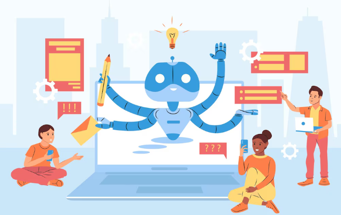 Alt text: Robot multitasking with messages, ideas, and digital tools.