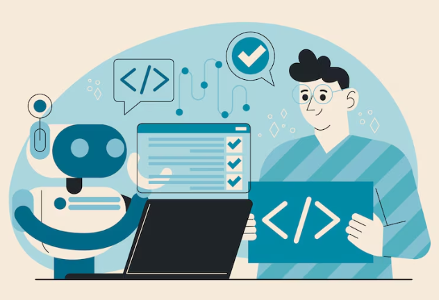 Alt text: Robot and programmer collaborating on coding project together.