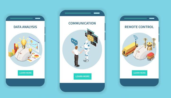 Smartphone screens showing AI uses in data analysis, communication, and remote control.