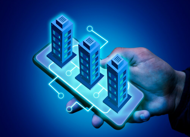 Hand holding smartphone with 3D digital server buildings.
