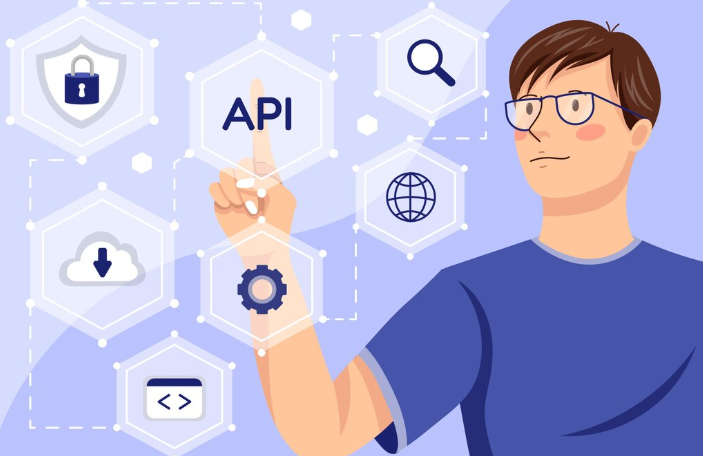 Person interacting with virtual API interface on digital screen