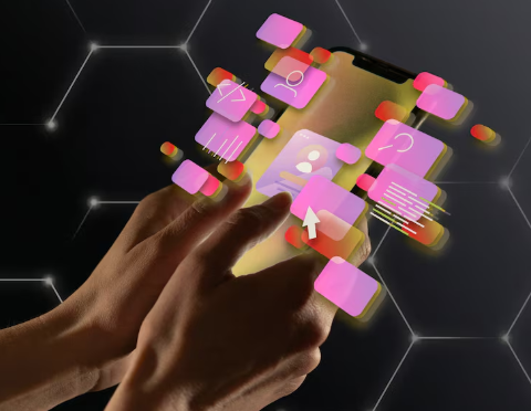 Person using smartphone with floating digital interface icons