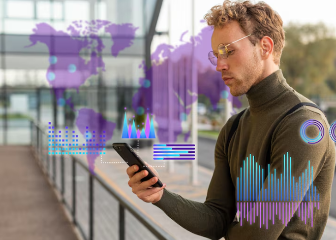 Man analyzing global data visualizations on smartphone outdoors