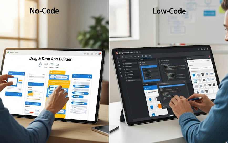 Comparison of no-code drag-and-drop builder and low-code platform