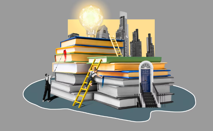 People climbing giant books symbolizing knowledge and innovation