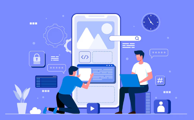 Two developers working on mobile app interface design