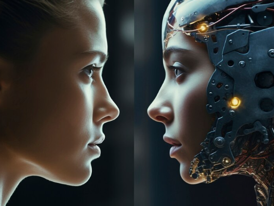 Human face staring at robotic cyborg face closely