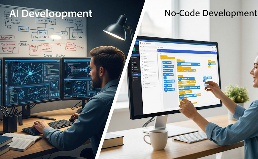 Side-by-side comparison of AI development and no-code development