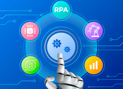 Robotic hand pointing at RPA automation technology icons