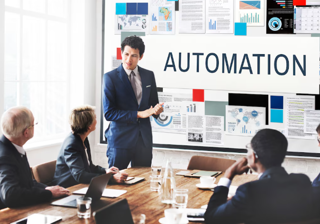 Business team discussing automation strategy in a meeting