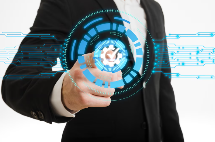 Businessman pressing digital automation gear icon on virtual screen