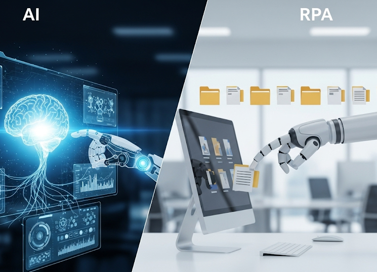 Comparison of AI brain processing and RPA robotic automation