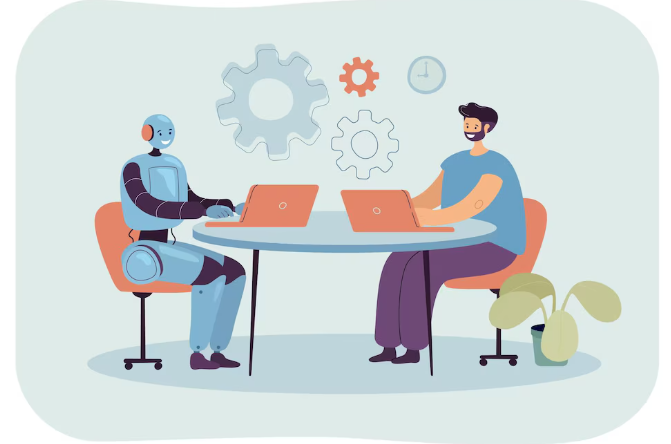 Human and robot sitting together working on laptops