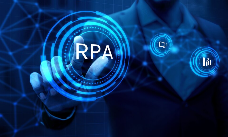 Businessman touching virtual RPA interface with futuristic icons