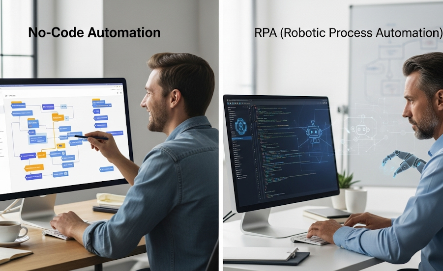 Comparison of no-code automation and RPA development processes