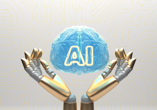 Robotic hands holding glowing brain with AI text.
